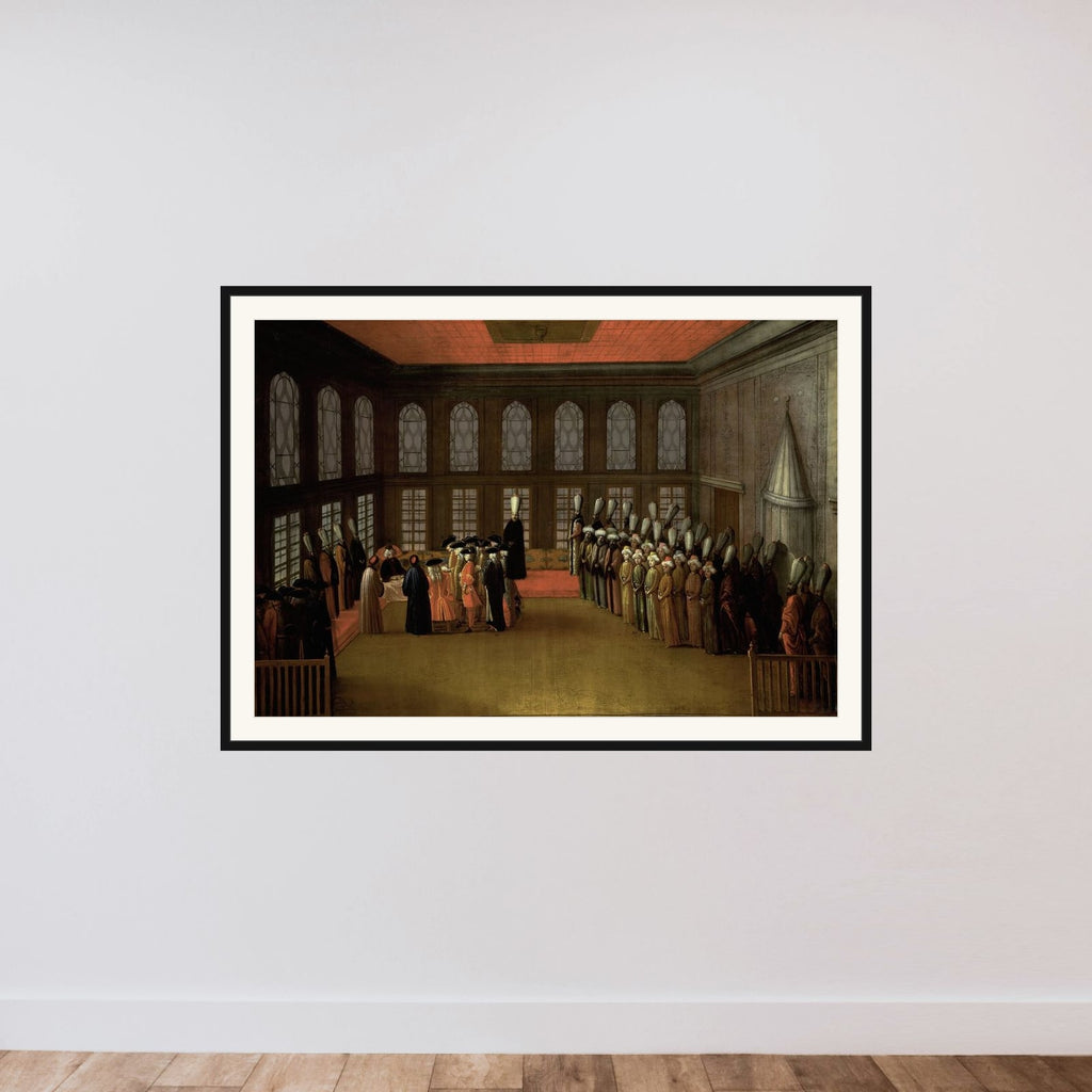 An Ambassador's Audience with the Grand Vizier in his Yali on the Bosporus (Ambassador Cornelis Calkoen, 12 August 1727) framed — shown to scale