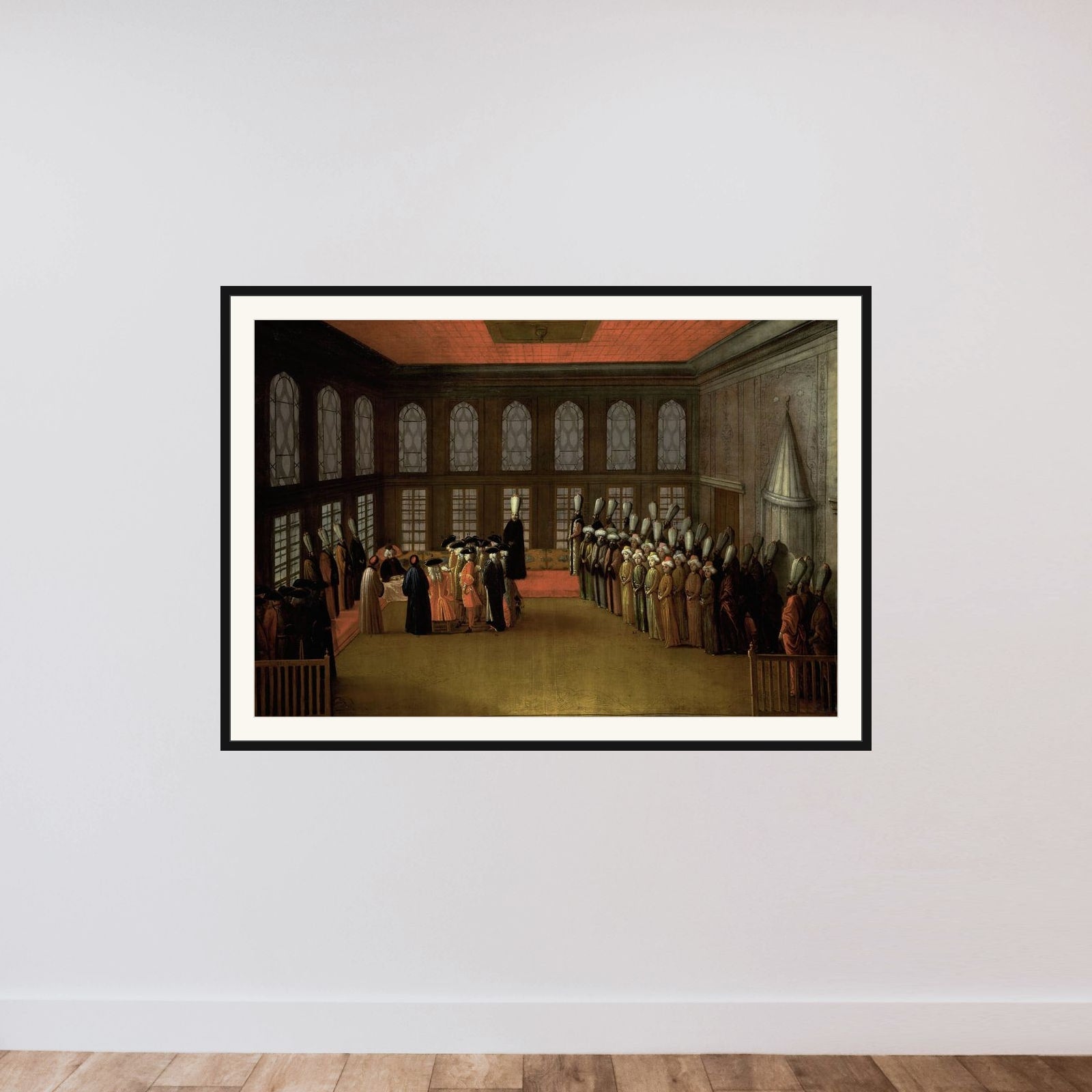 An Ambassador's Audience with the Grand Vizier in his Yali on the Bosporus (Ambassador Cornelis Calkoen, 12 August 1727) framed — shown to scale