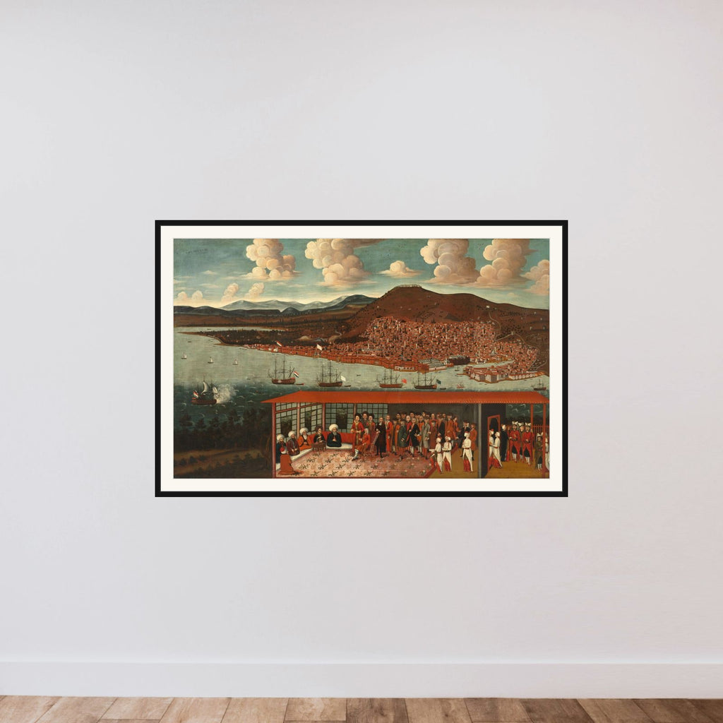 View of Smyrna (Izmir) and the Reception Given to Consul de Hochepied (1657-1723) in the Council Chamber framed — shown to scale