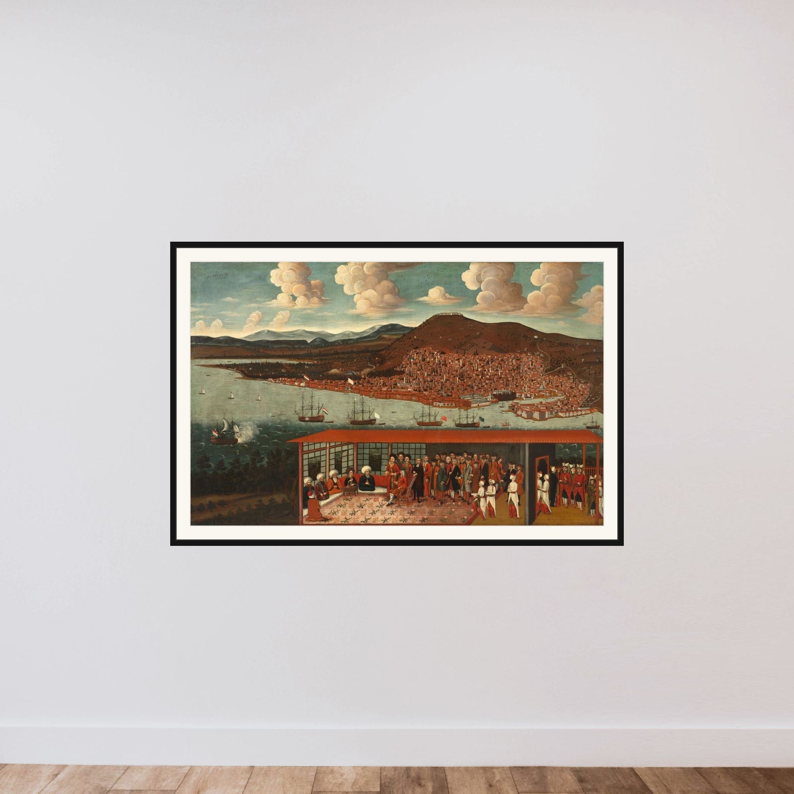 View of Smyrna (Izmir) and the Reception Given to Consul de Hochepied (1657-1723) in the Council Chamber framed — shown to scale
