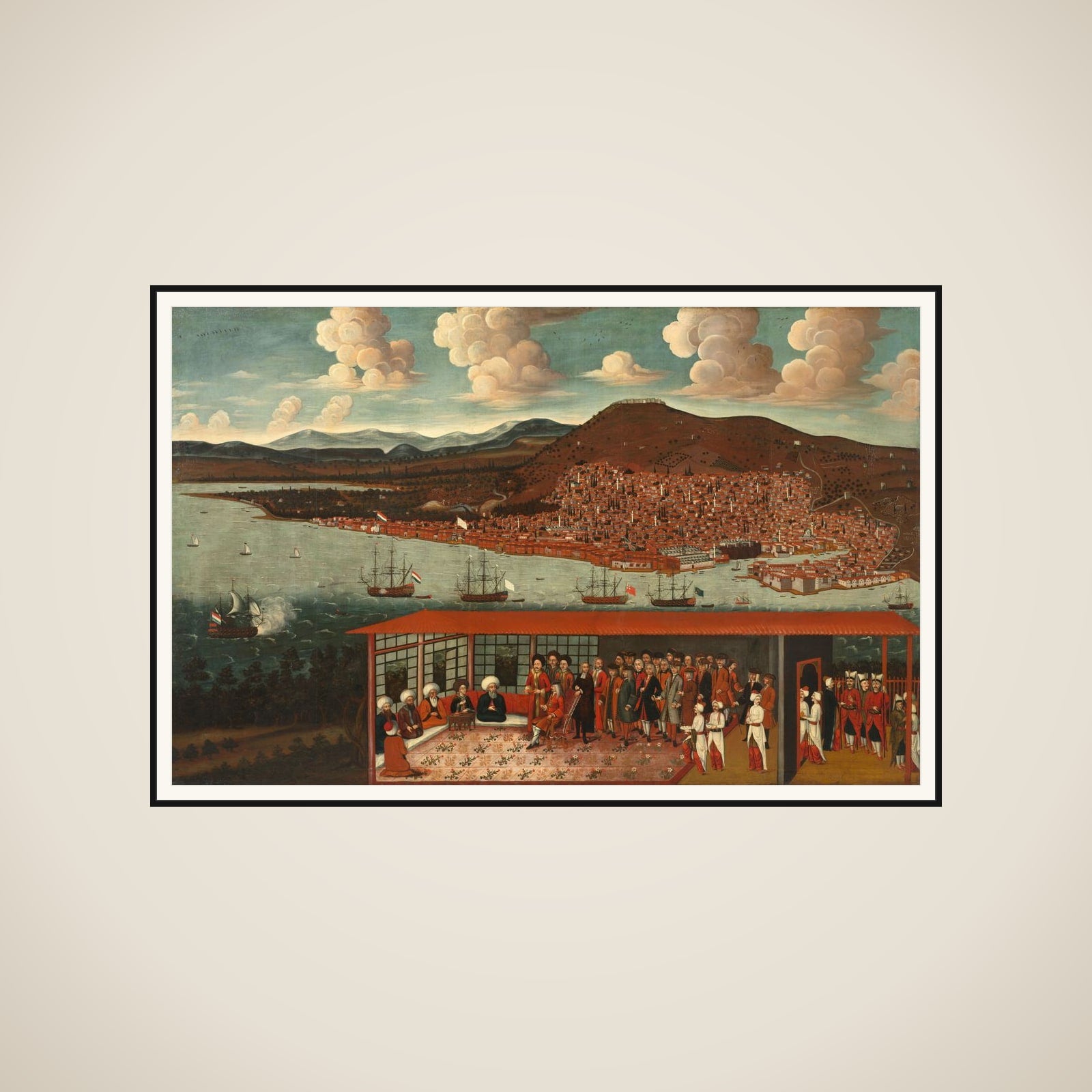 View of Smyrna (Izmir) and the Reception Given to Consul de Hochepied (1657-1723) in the Council Chamber framed