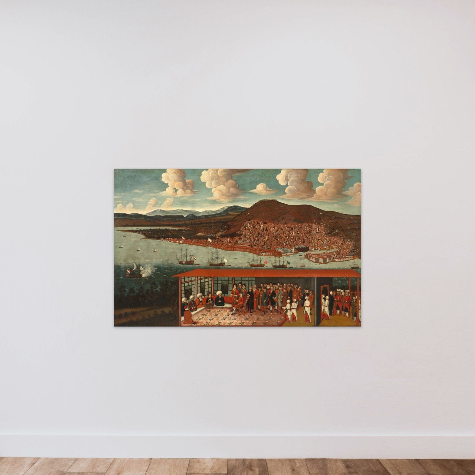 View of Smyrna (Izmir) and the Reception Given to Consul de Hochepied (1657-1723) in the Council Chamber unframed — shown to scale