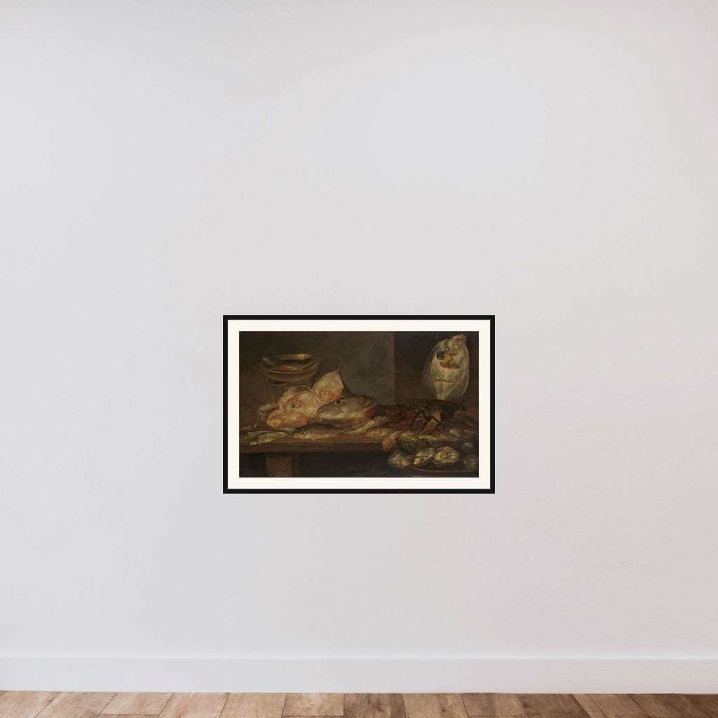 Still Life with Fish and a Lobster and Oysters on a Table nearby framed — shown to scale