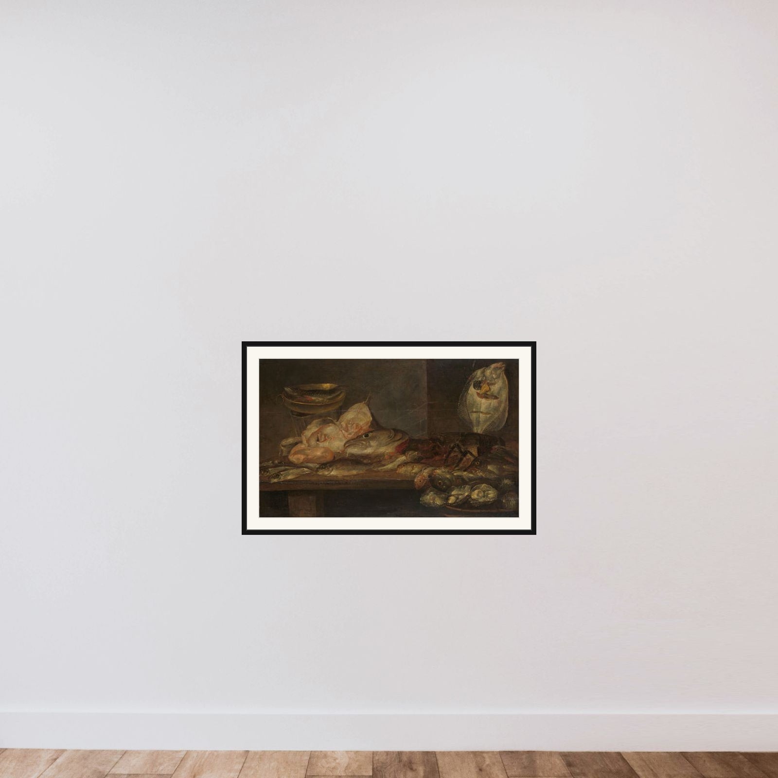 Still Life with Fish and a Lobster and Oysters on a Table nearby framed — shown to scale