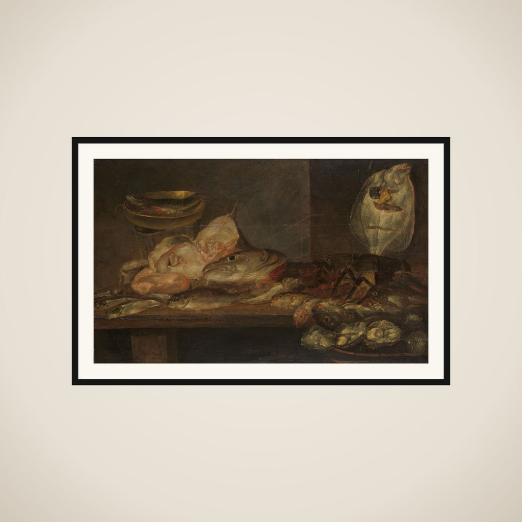 Still Life with Fish and a Lobster and Oysters on a Table nearby framed
