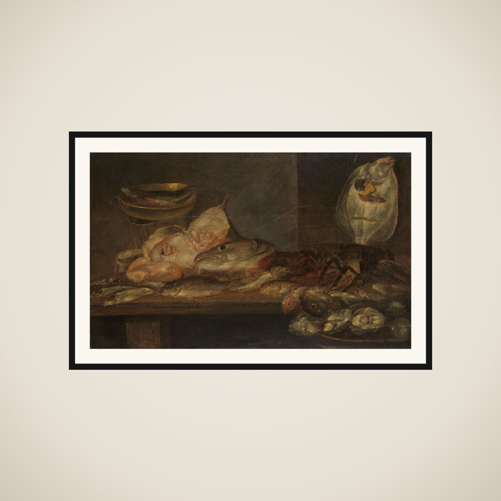 Still Life with Fish and a Lobster and Oysters on a Table nearby framed