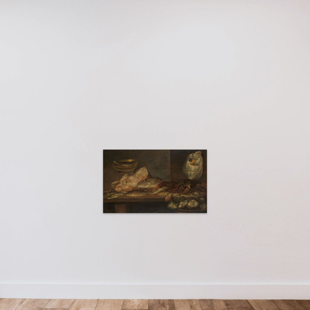Still Life with Fish and a Lobster and Oysters on a Table nearby unframed — shown to scale