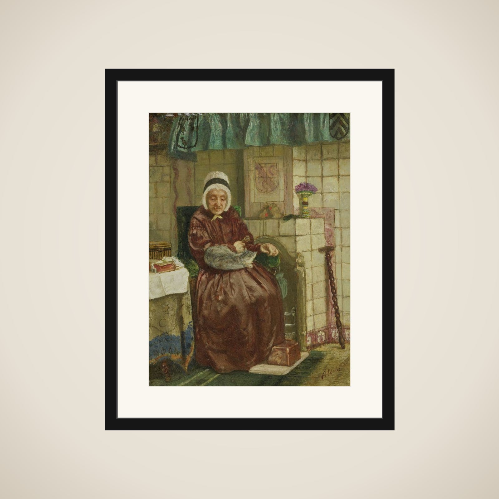 Old Woman by the Fireplace framed