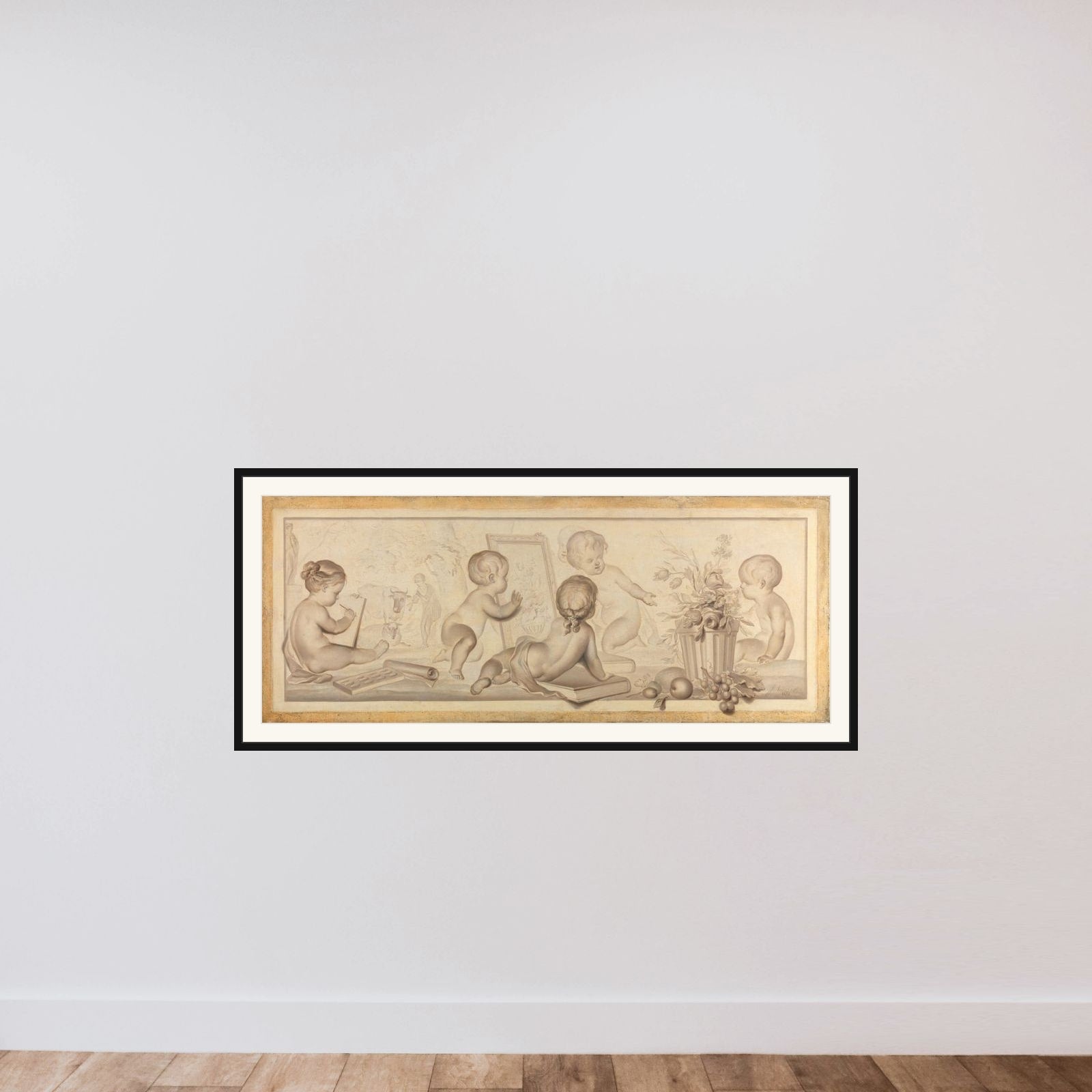 Six Putti with Flowers and Fruit and Attributes of the Art of Drawing framed — shown to scale