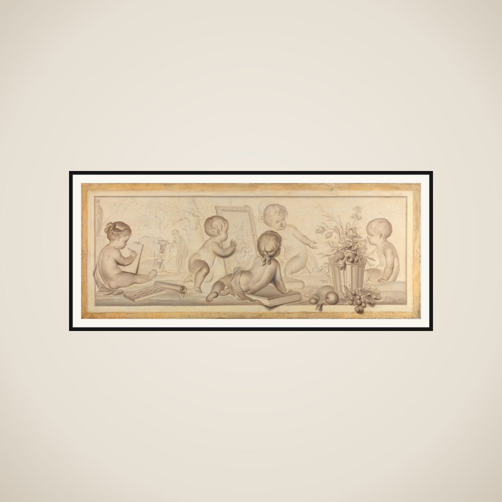 Six Putti with Flowers and Fruit and Attributes of the Art of Drawing framed
