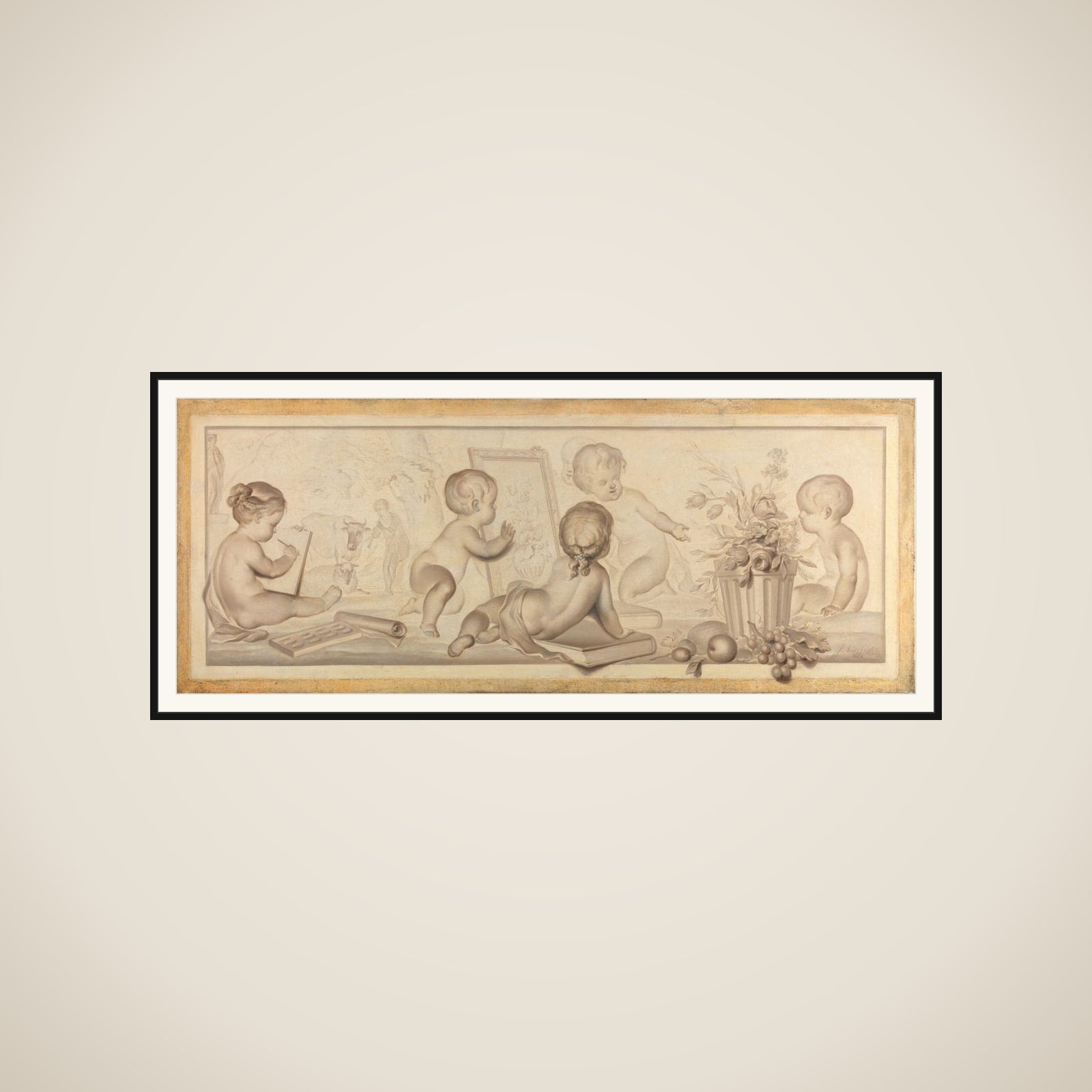 Six Putti with Flowers and Fruit and Attributes of the Art of Drawing framed