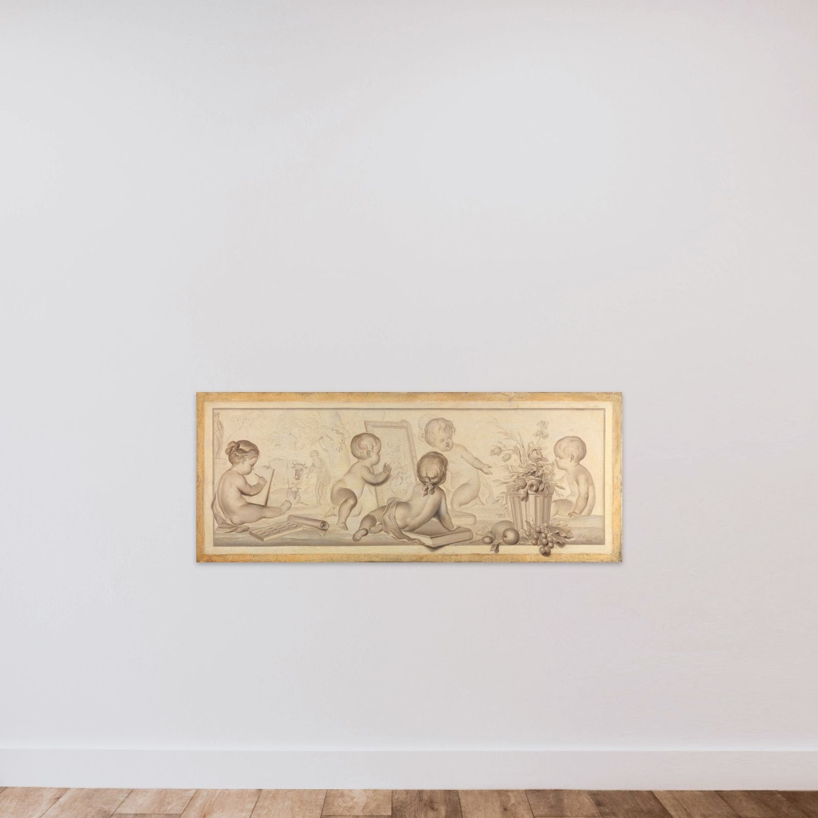Six Putti with Flowers and Fruit and Attributes of the Art of Drawing unframed — shown to scale