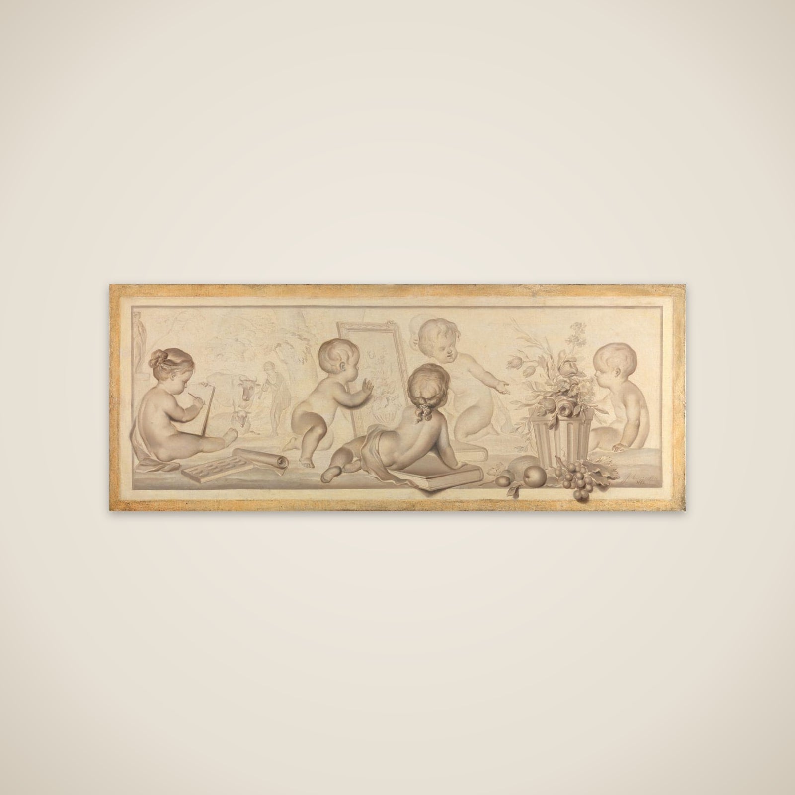 Six Putti with Flowers and Fruit and Attributes of the Art of Drawing unframed print