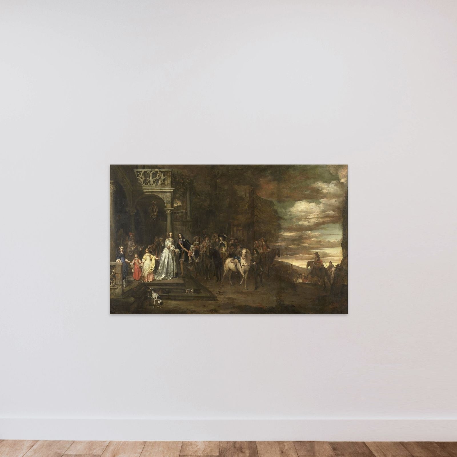 The Leavetaking of Captain Hendrik de Sandra (1619-1707), sent off by his Wife and Children unframed — shown to scale