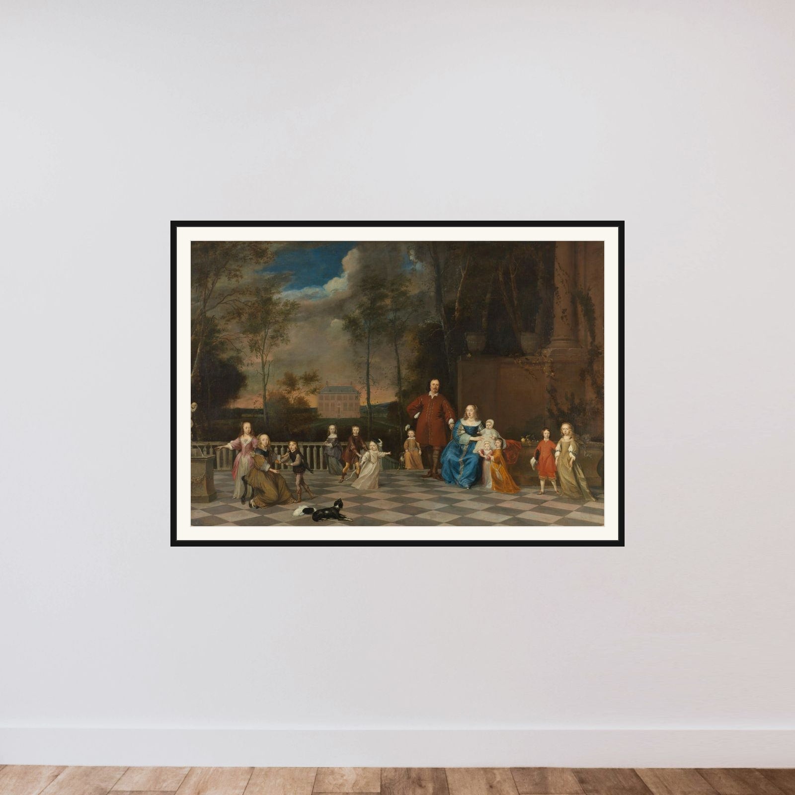 The Amsterdam Merchant Jeremias van Collen (1608-1676), with his Wife and their Twelve Children framed — shown to scale