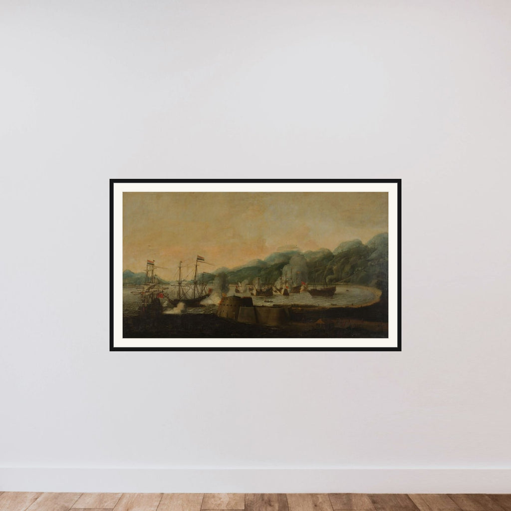 A Dutch Squadron under the Command of Cornelis Simonsz van der Veer Carrying Out a Surprise Attack on Three Portuguese Galleons in the Bay of Goa Velha, 30 September 1639 framed — shown to scale