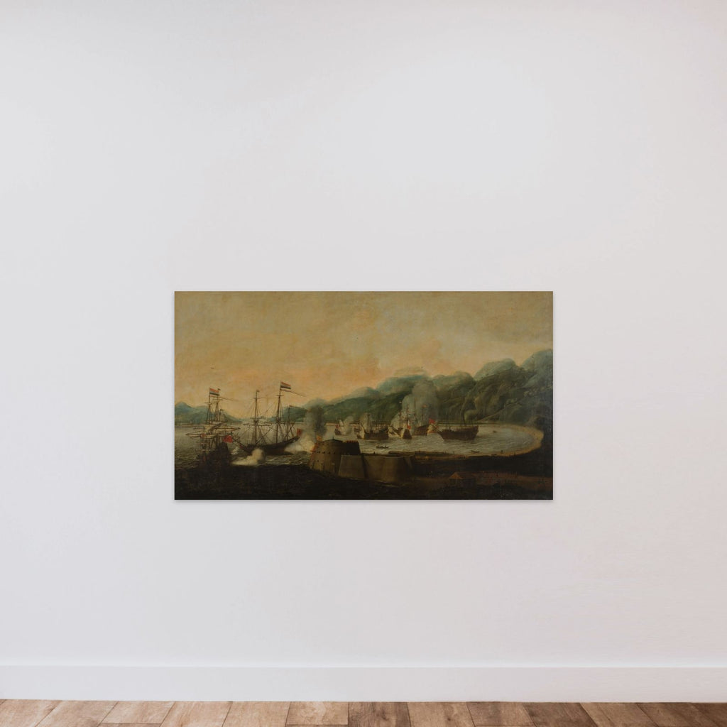 A Dutch Squadron under the Command of Cornelis Simonsz van der Veer Carrying Out a Surprise Attack on Three Portuguese Galleons in the Bay of Goa Velha, 30 September 1639 unframed — shown to scale