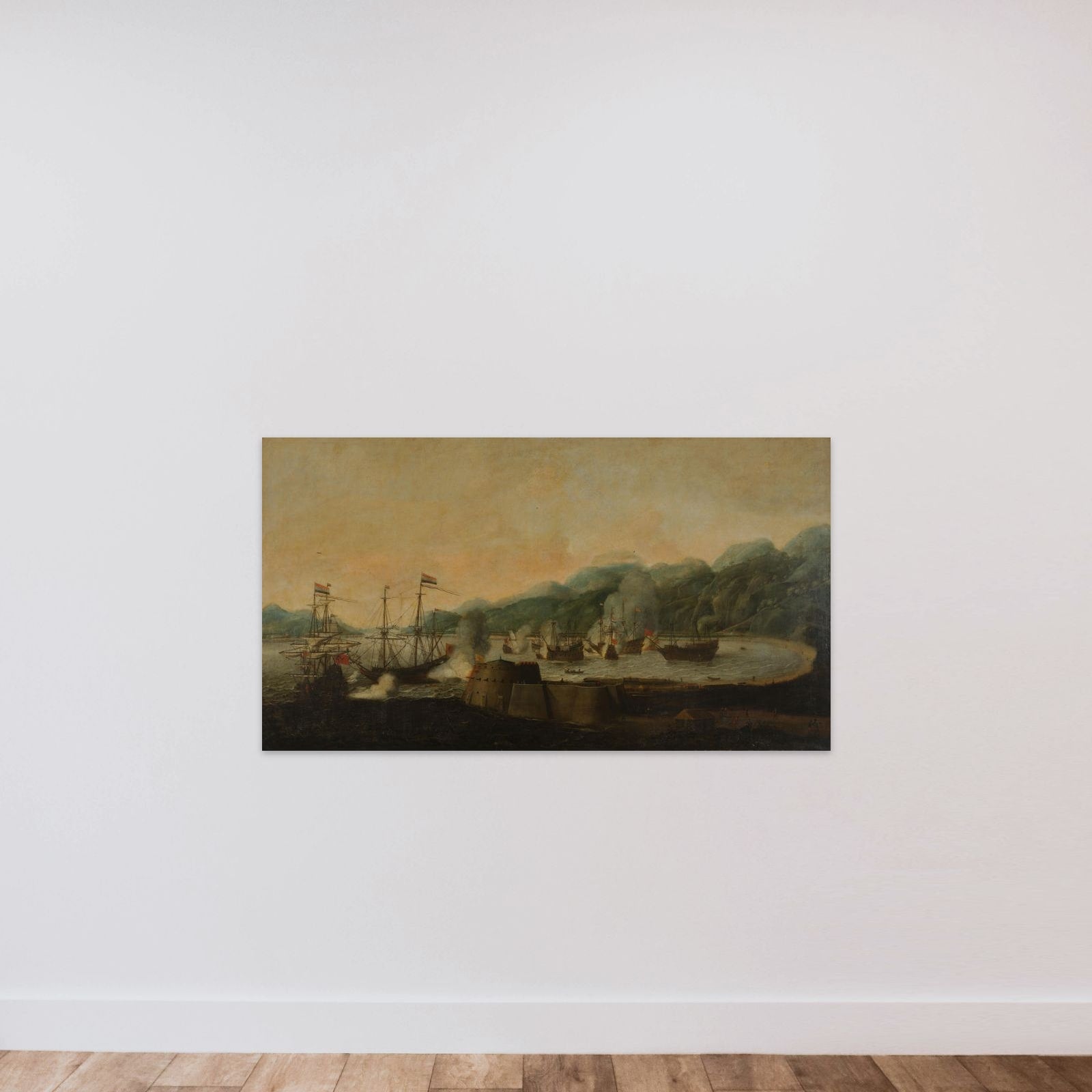 A Dutch Squadron under the Command of Cornelis Simonsz van der Veer Carrying Out a Surprise Attack on Three Portuguese Galleons in the Bay of Goa Velha, 30 September 1639 unframed — shown to scale