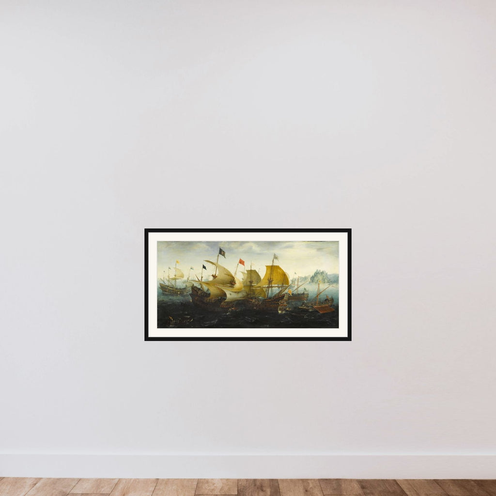 Incident from the Battle of the Spanish Armada framed — shown to scale