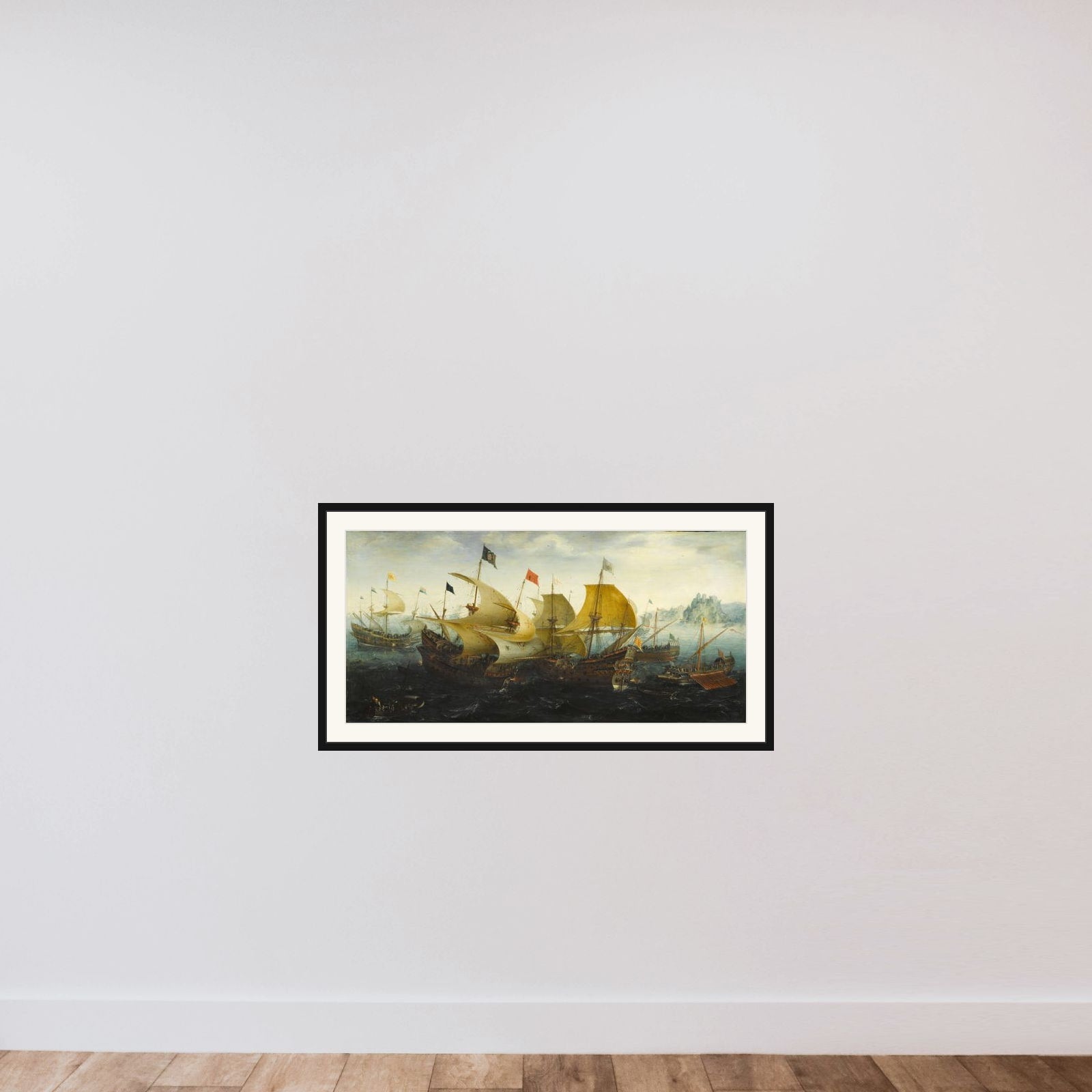 Incident from the Battle of the Spanish Armada framed — shown to scale
