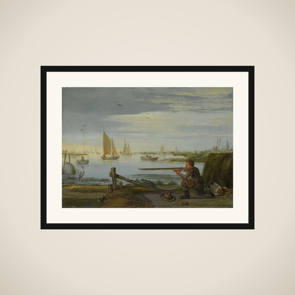 A Bird Hunter on a Riverbank framed