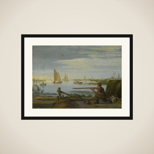 A Bird Hunter on a Riverbank framed