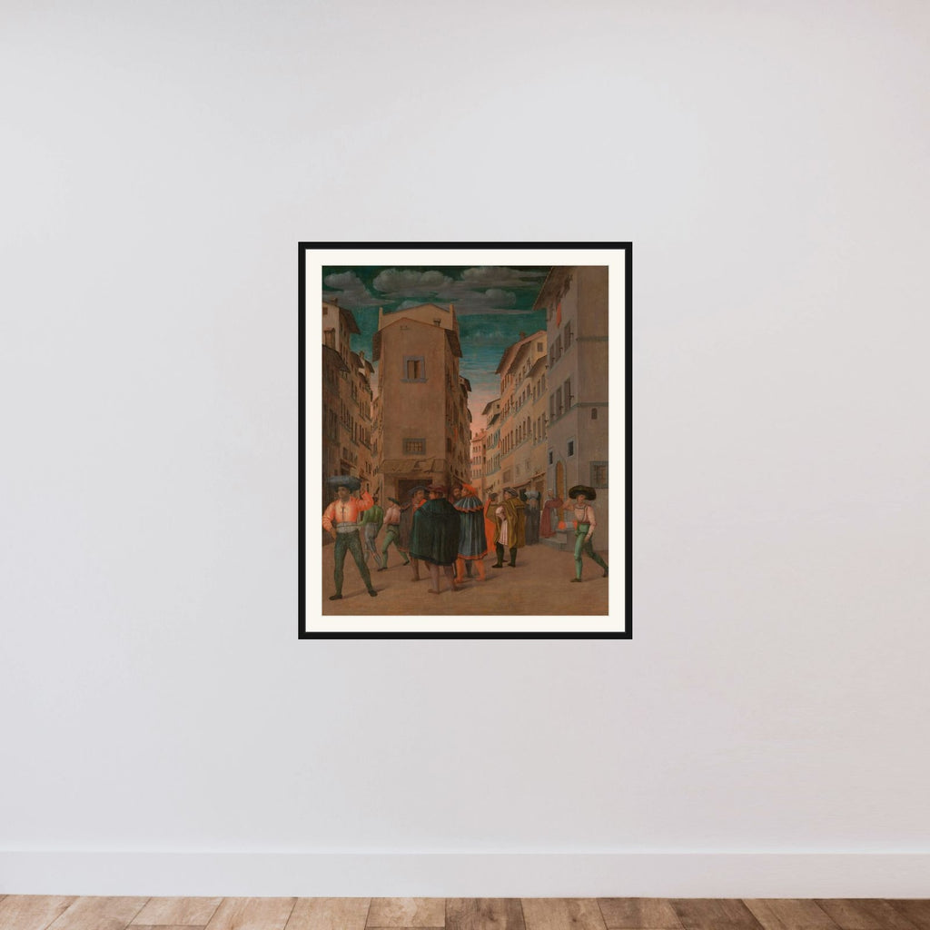 Florentine Street Scene with Twelve Figures (Sheltering the Traveler, one of the Seven Works of Mercy) framed — shown to scale