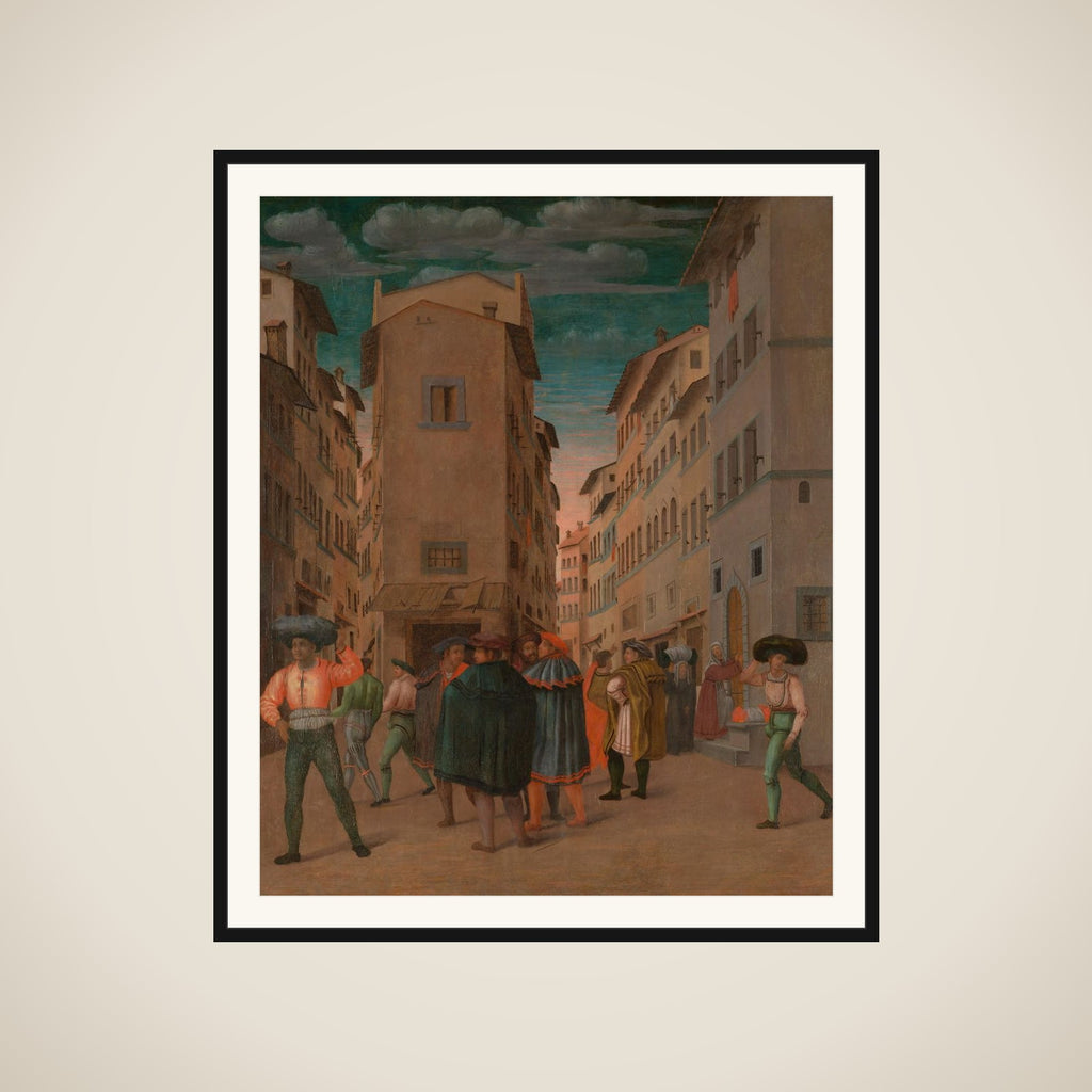 Florentine Street Scene with Twelve Figures (Sheltering the Traveler, one of the Seven Works of Mercy) framed