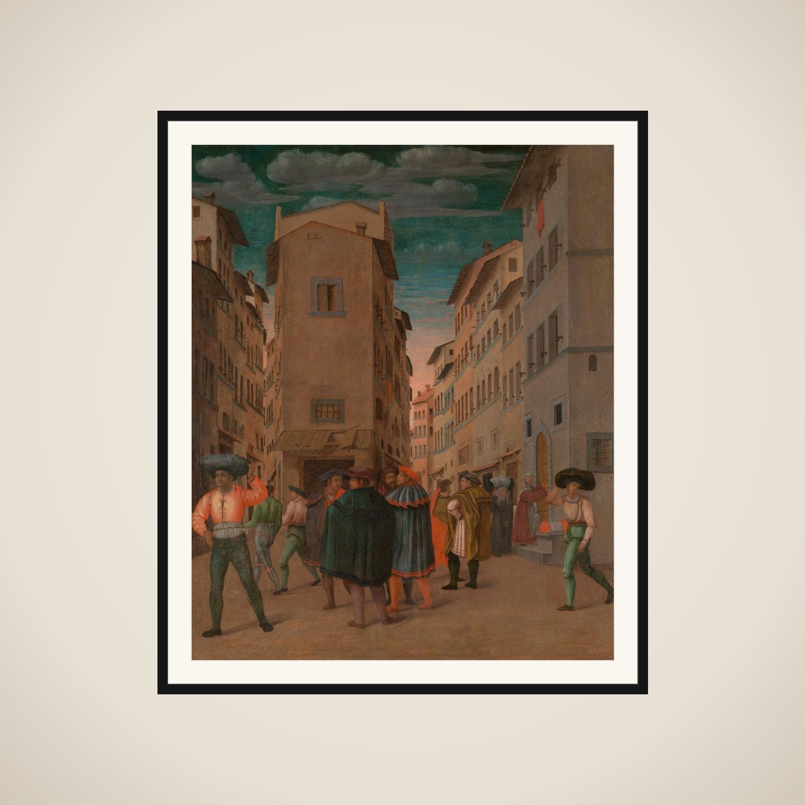 Florentine Street Scene with Twelve Figures (Sheltering the Traveler, one of the Seven Works of Mercy) framed