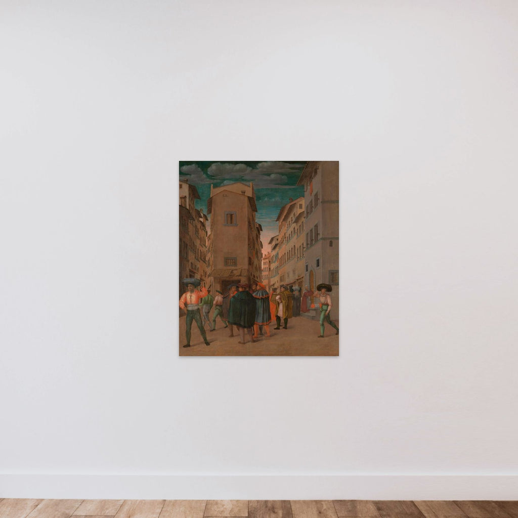Florentine Street Scene with Twelve Figures (Sheltering the Traveler, one of the Seven Works of Mercy) unframed — shown to scale