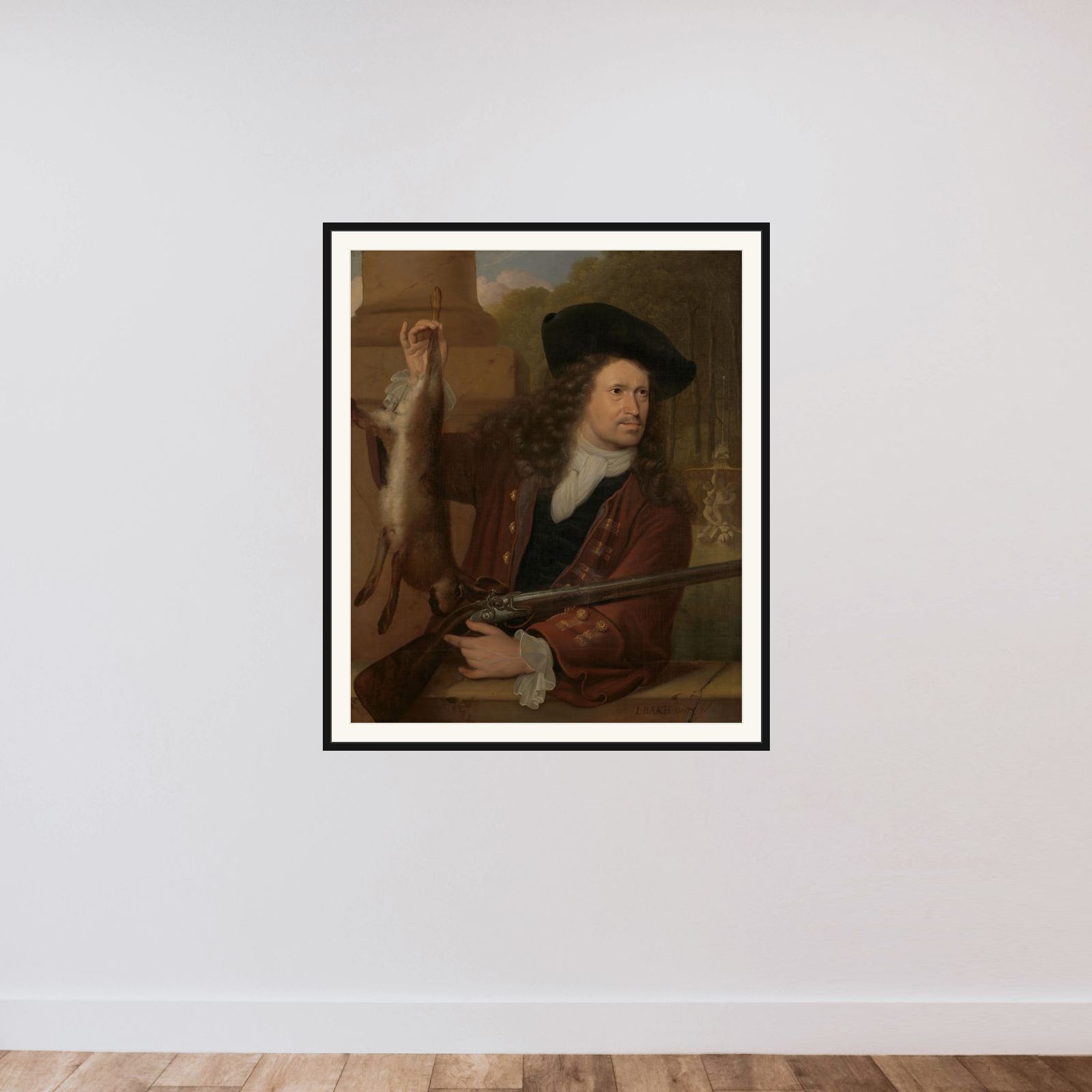 Jan de Hooghe (1650-1731). Anna de Hooghe's Cousin, Dressed for Shooting framed — shown to scale