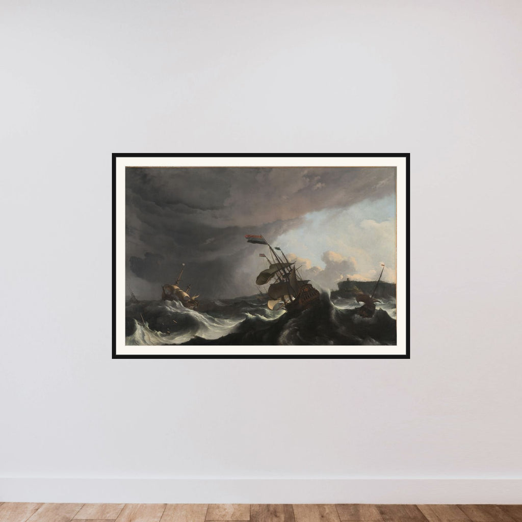 The Men-of-War 'Hollandia' (left) and 'Ridderschap' (right)imperilled during a Storm in the Strait of Gibraltar, 1-3 March 1694 framed — shown to scale
