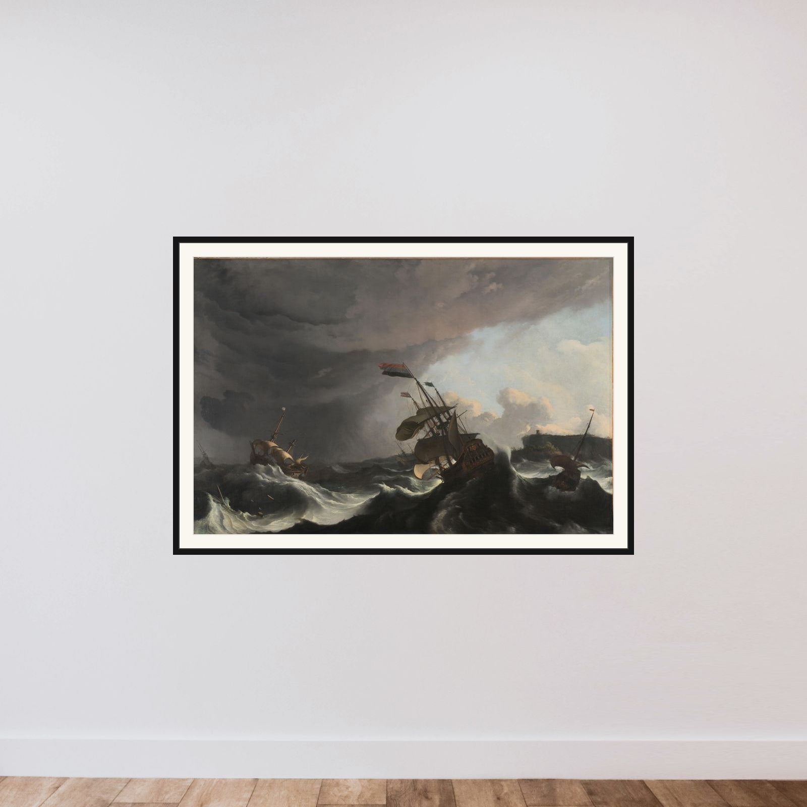 The Men-of-War 'Hollandia' (left) and 'Ridderschap' (right)imperilled during a Storm in the Strait of Gibraltar, 1-3 March 1694 framed — shown to scale