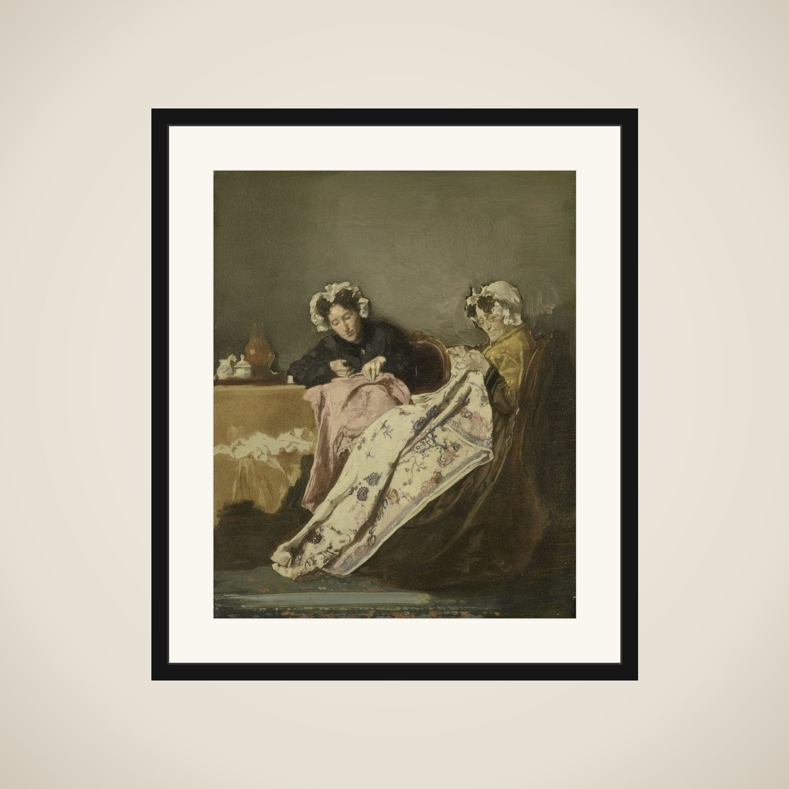Two Ladies at their Sewing framed