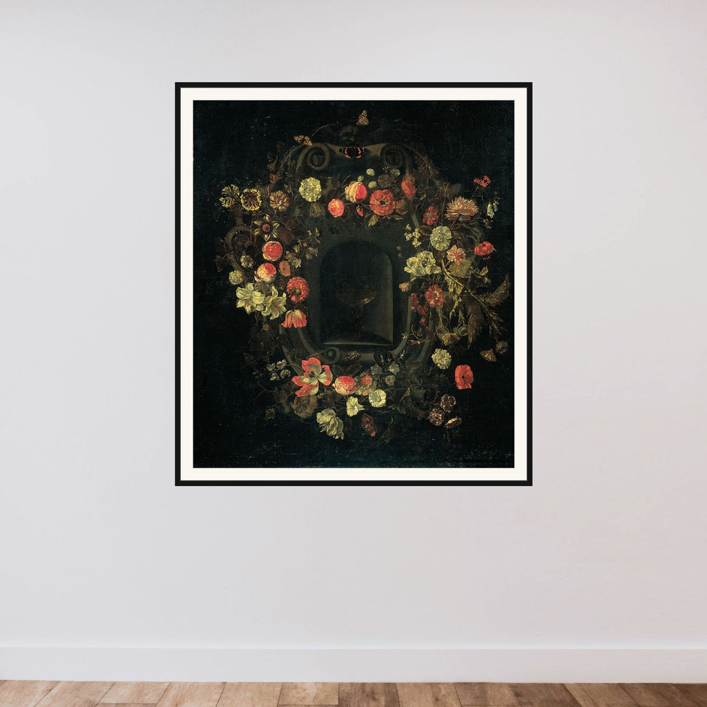 Wreath of Flowers encircling a Niche framed — shown to scale