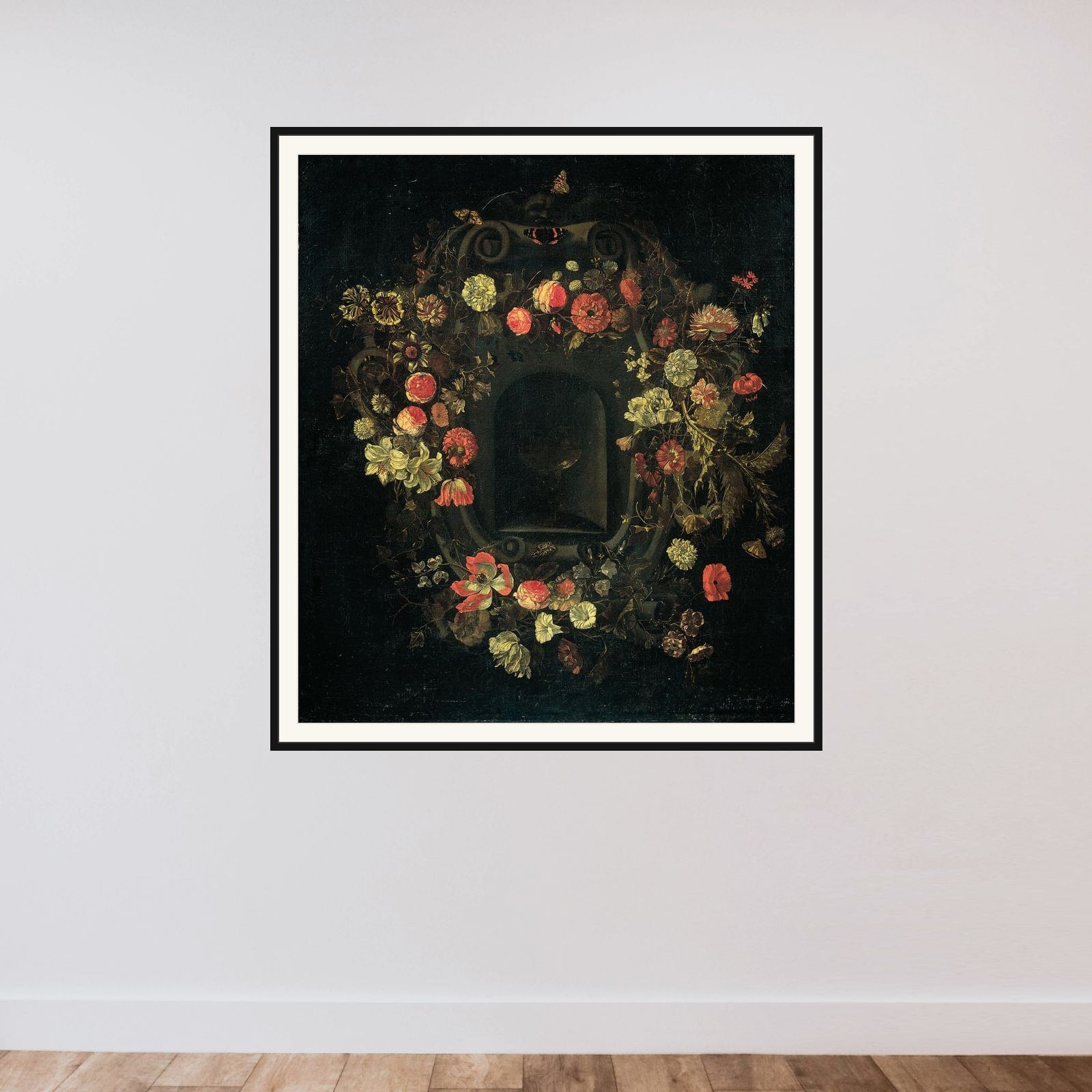 Wreath of Flowers encircling a Niche framed — shown to scale