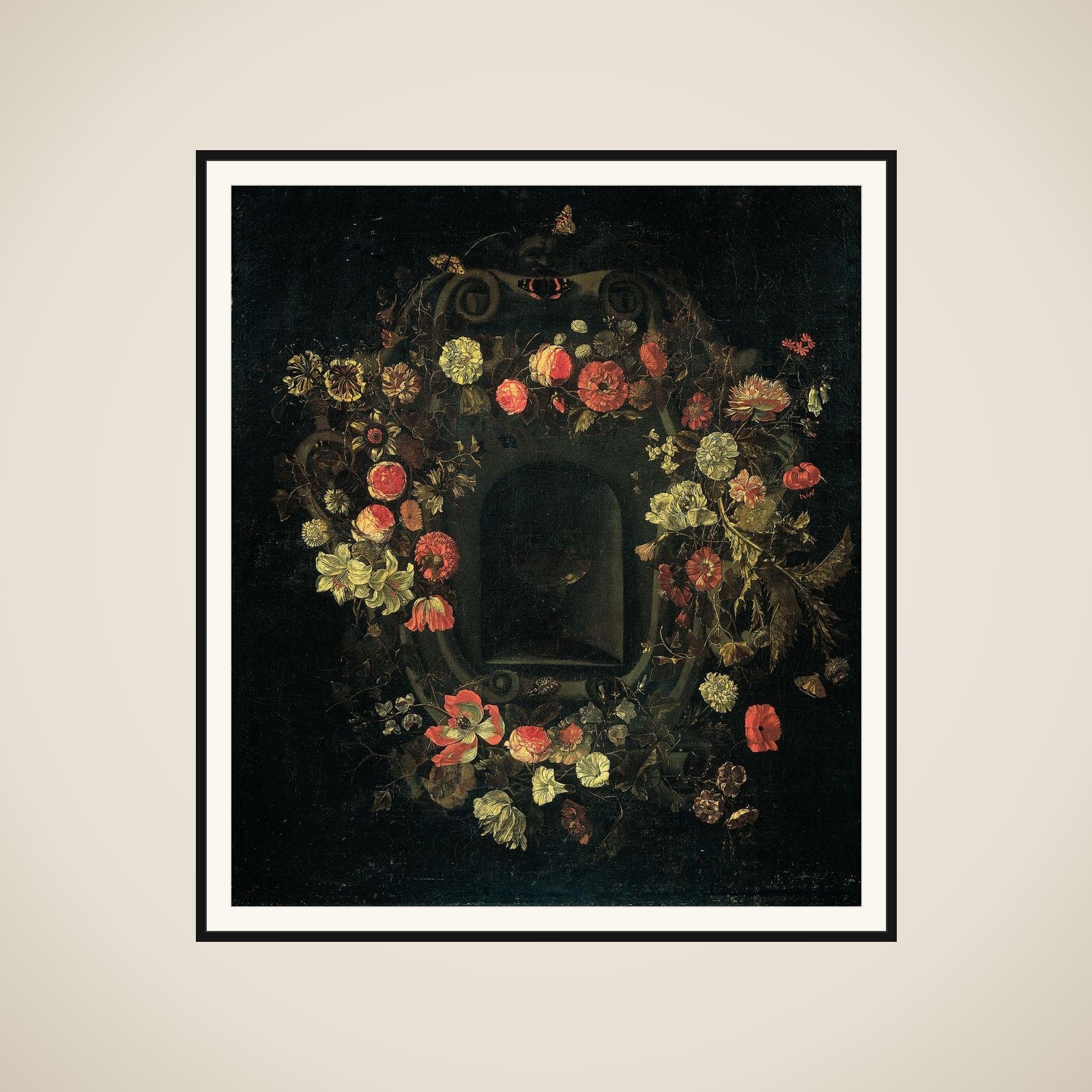 Wreath of Flowers encircling a Niche framed