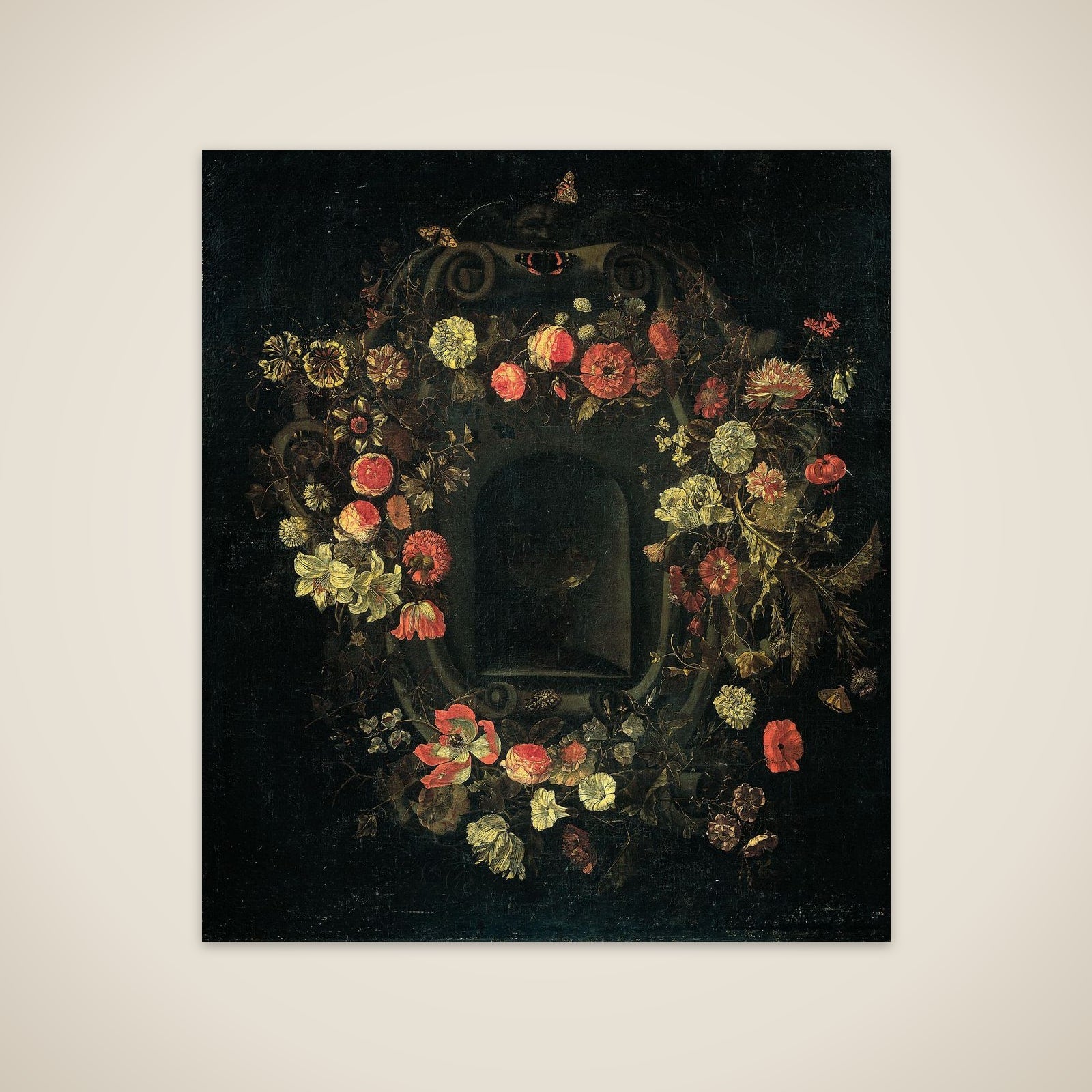 Wreath of Flowers encircling a Niche unframed print