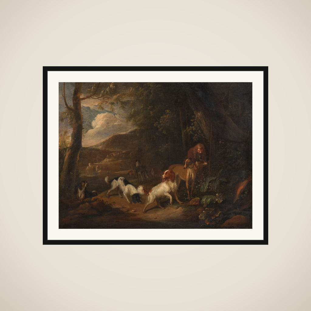 Hunter with Hounds at the Edge of a Wood framed