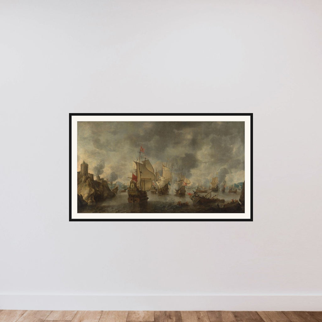 Battle of the Combined Venetian and Dutch Fleets against the Turks in the Bay of Foya, 1649 framed — shown to scale