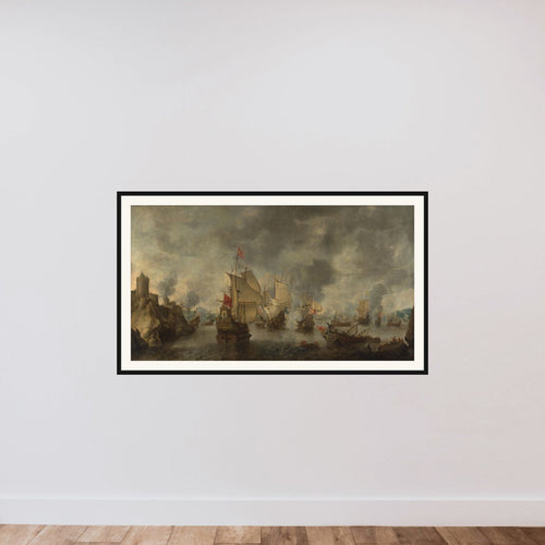 Battle of the Combined Venetian and Dutch Fleets against the Turks in the Bay of Foya, 1649 framed — shown to scale