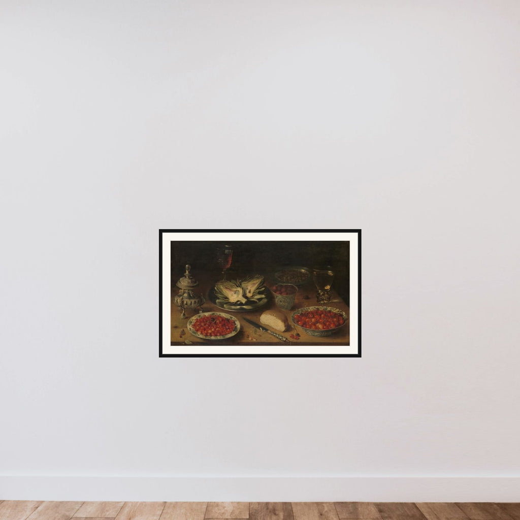 Still Life with Artichoke, Fruit in Kraak Porcelain Ware, a Salt Cellar/Pepper Castor framed — shown to scale