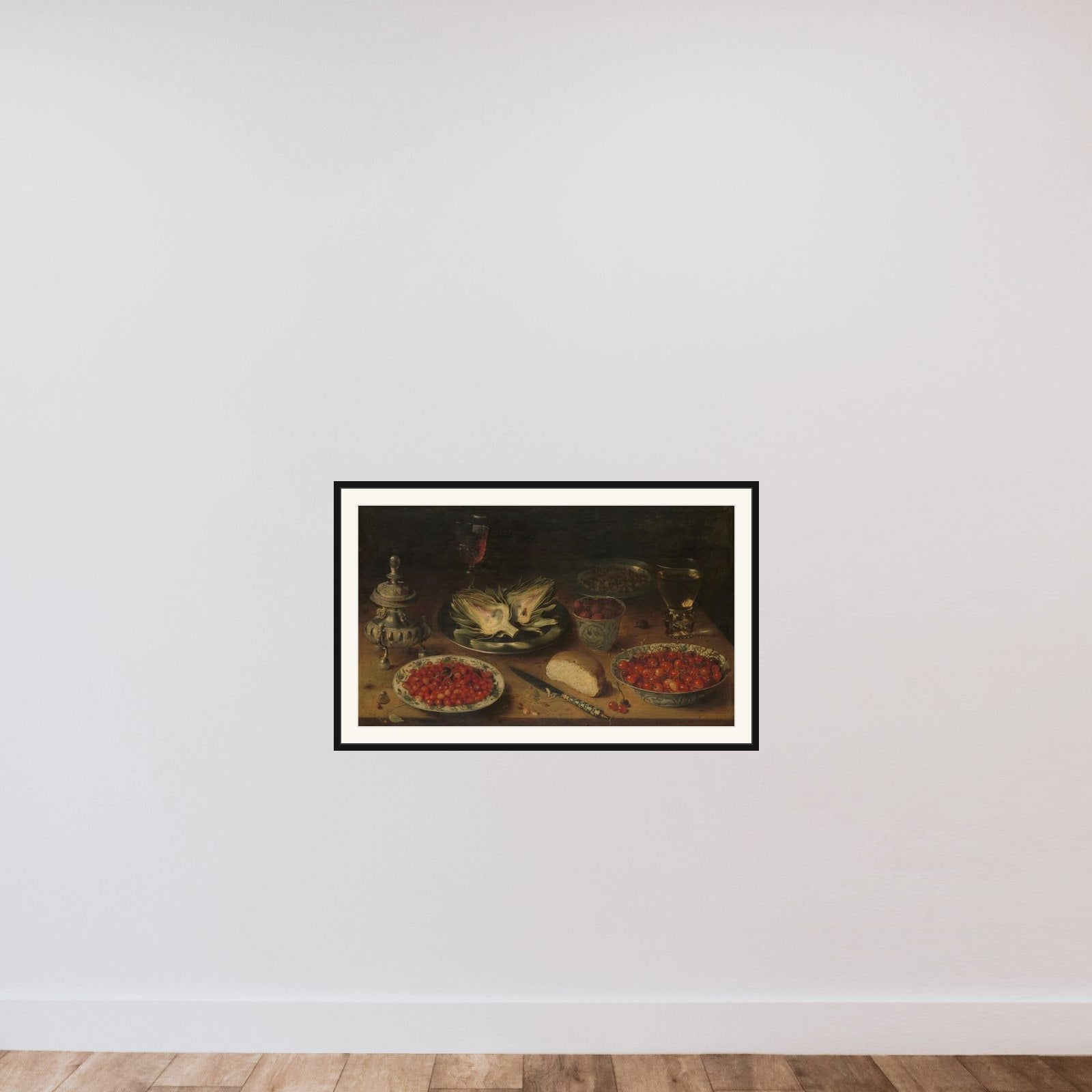 Still Life with Artichoke, Fruit in Kraak Porcelain Ware, a Salt Cellar/Pepper Castor framed — shown to scale