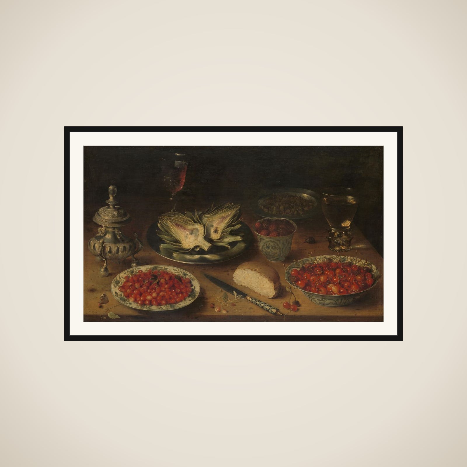 Still Life with Artichoke, Fruit in Kraak Porcelain Ware, a Salt Cellar/Pepper Castor framed