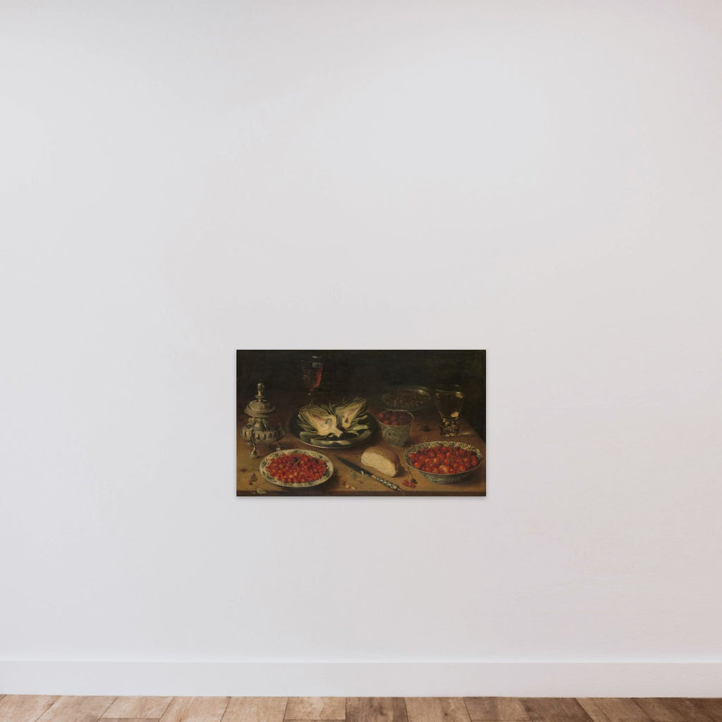 Still Life with Artichoke, Fruit in Kraak Porcelain Ware, a Salt Cellar/Pepper Castor unframed — shown to scale