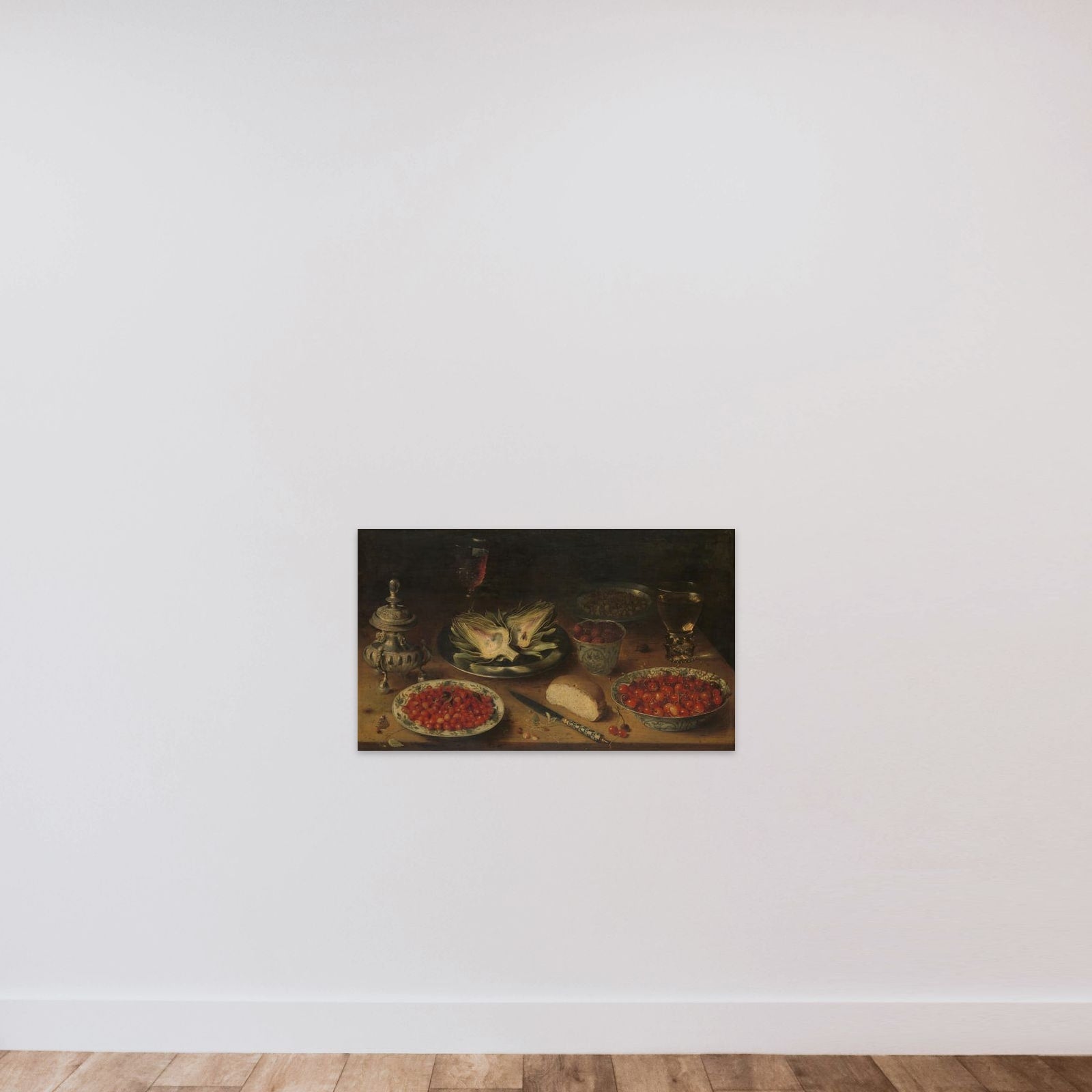 Still Life with Artichoke, Fruit in Kraak Porcelain Ware, a Salt Cellar/Pepper Castor unframed — shown to scale
