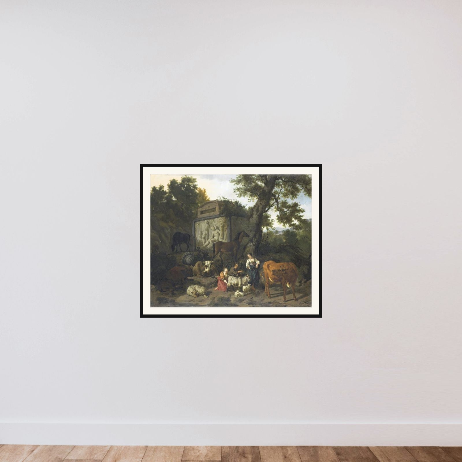 Landscape with Herdsmen and Cattle near a Tomb framed — shown to scale