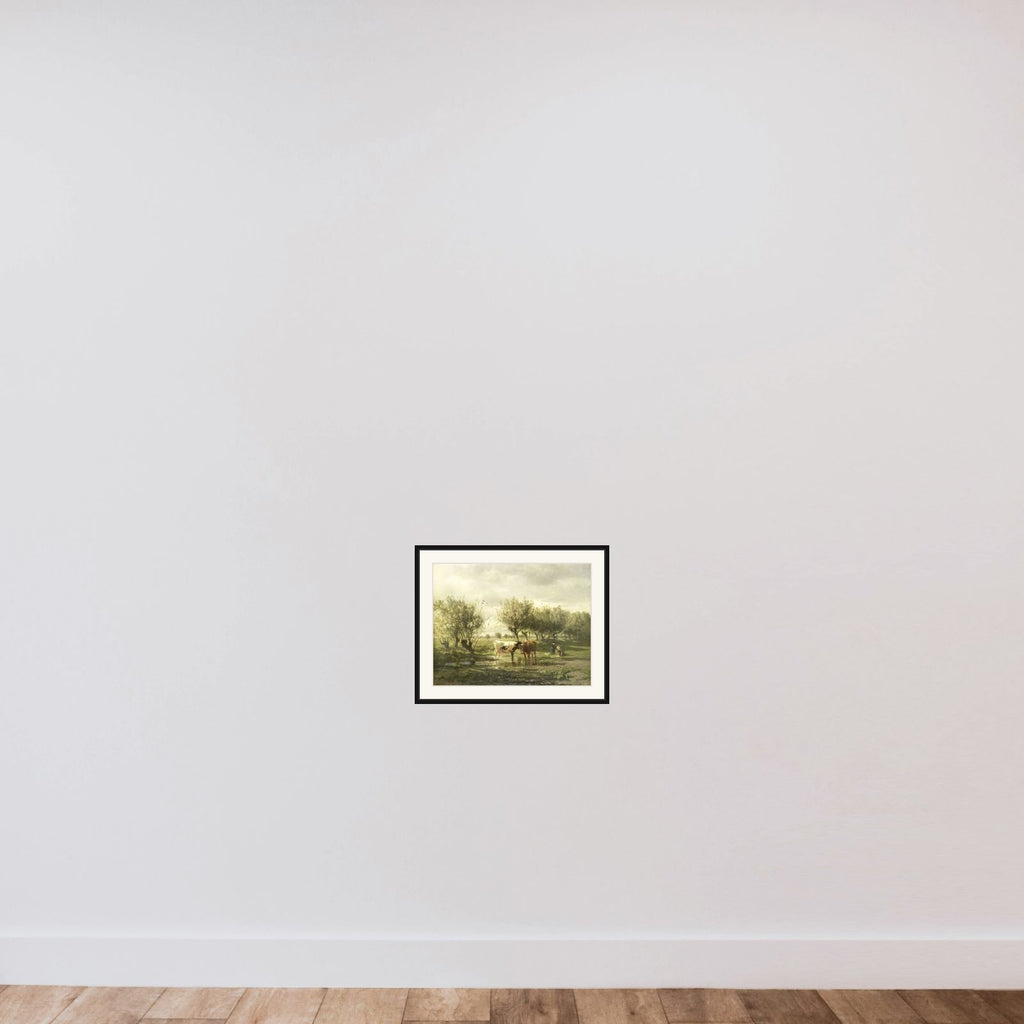 Cows at a pond framed — shown to scale