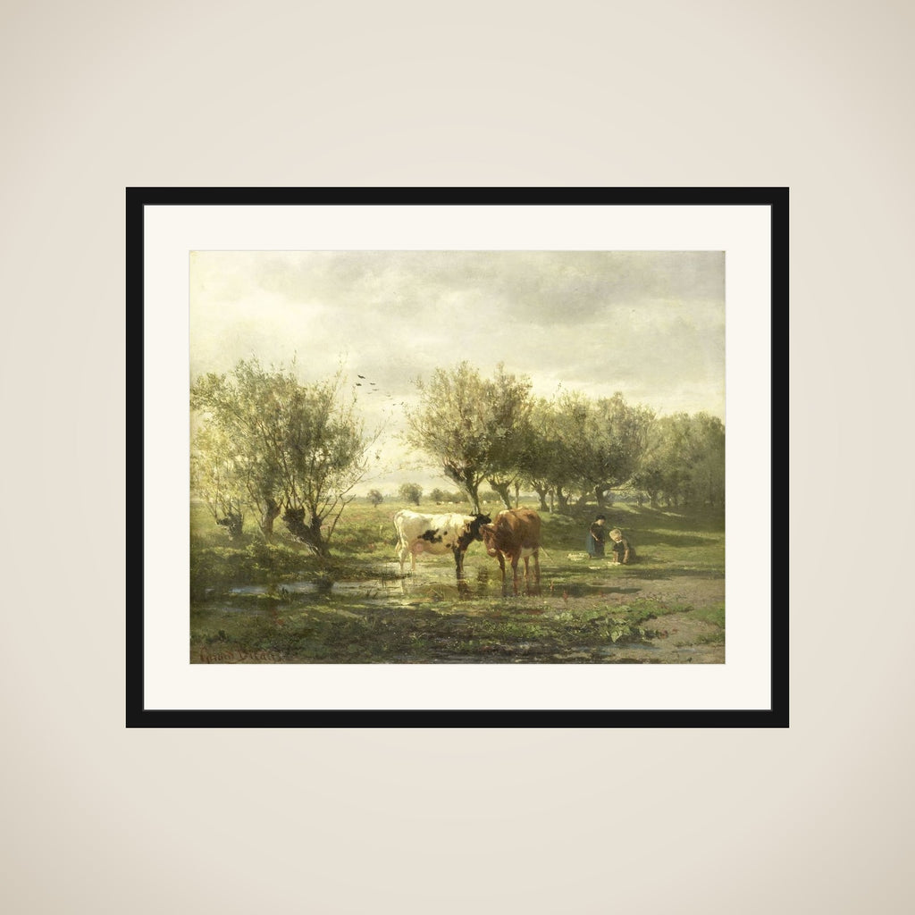 Cows at a pond framed