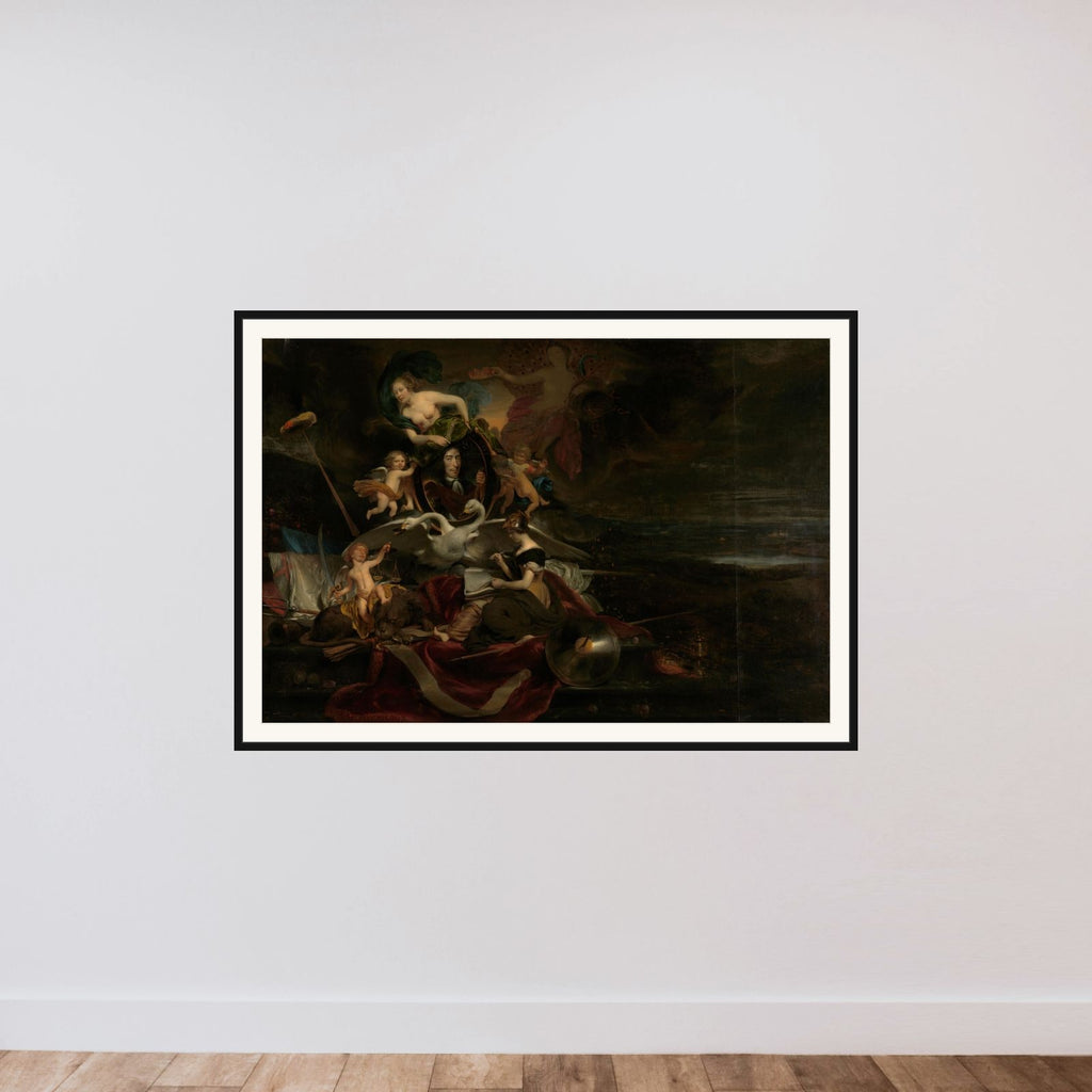 Allegory on the Dutch Raid on the Medway (1667), with a Portrait of Cornelis de Witt framed — shown to scale